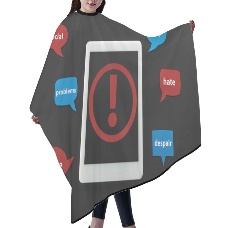 Personality  Top View Of Digital Tablet With Exclamation Mark On Screen On Black Background Near Speech Bubbles With Cyberbullying Words Hair Cutting Cape