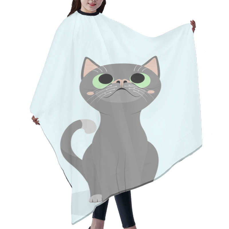 Personality  Cute Gray Cat With Green Eyes Sitting And Looking Up. Cartoon Animal Character Flat Vector Illustration. Adorable Kitty Art Hair Cutting Cape