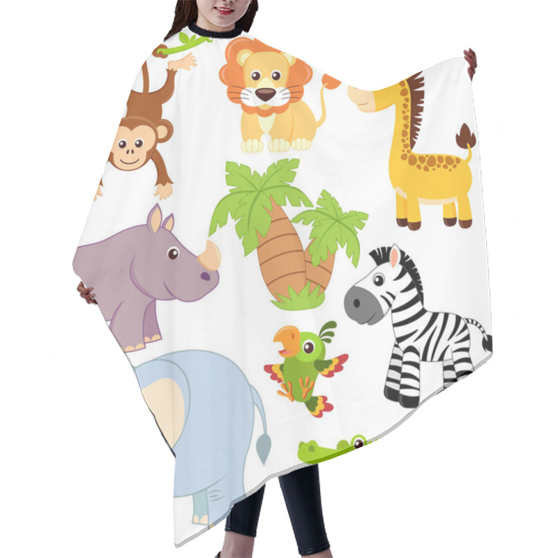 Personality  Jungle Animals. Lion, Elephant, Giraffe, Monkey, Parrot, Crocodile, Zebra And Rhinoceros Hair Cutting Cape