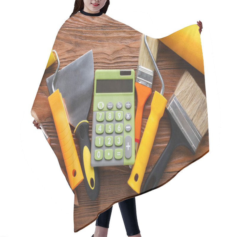 Personality  Calculator And Painting Tools On Wooden Background. Renovation Budget Concept Hair Cutting Cape