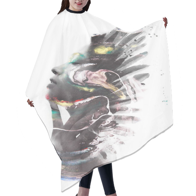 Personality  Paintography. Double Exposure Profile Portrait Of A Beautiful Yo Hair Cutting Cape