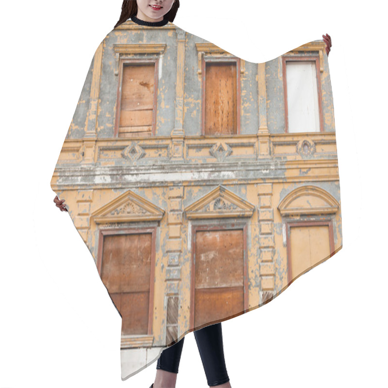 Personality  Boarded Up Derelict Building Facade Peeling Paint Hair Cutting Cape