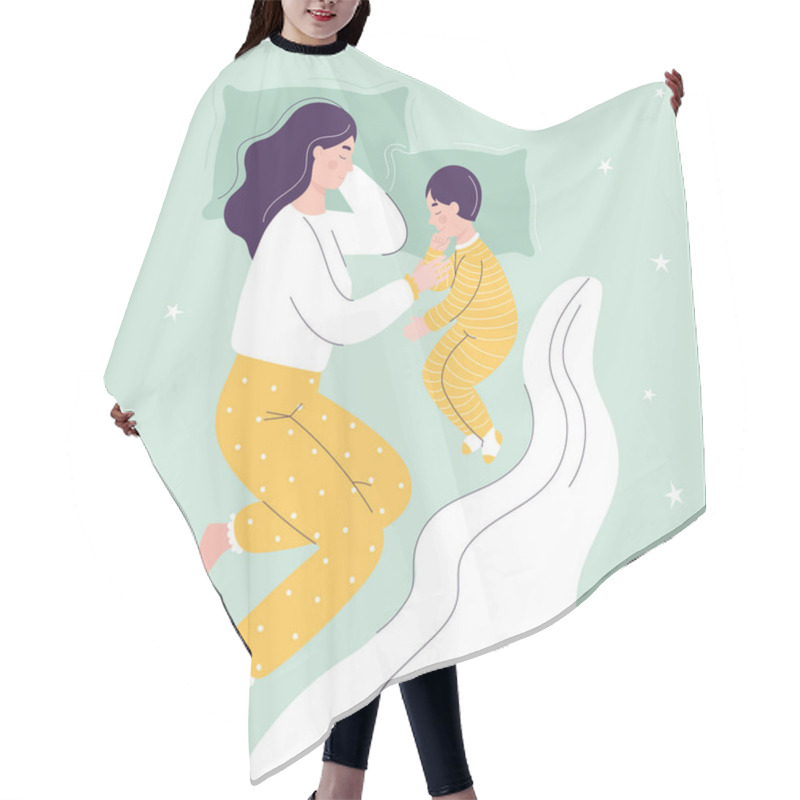 Personality  Beautiful Mom And Son Are Sleeping In Bed. The Concept Of Children Sleeping Together With Parents. Flat Vector Cartoon Illustration Hair Cutting Cape