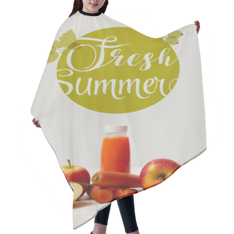 Personality  Bottle Of Detox Smoothie With Apples And Carrots On White Wooden Surface, Fresh Summer Inscription Hair Cutting Cape