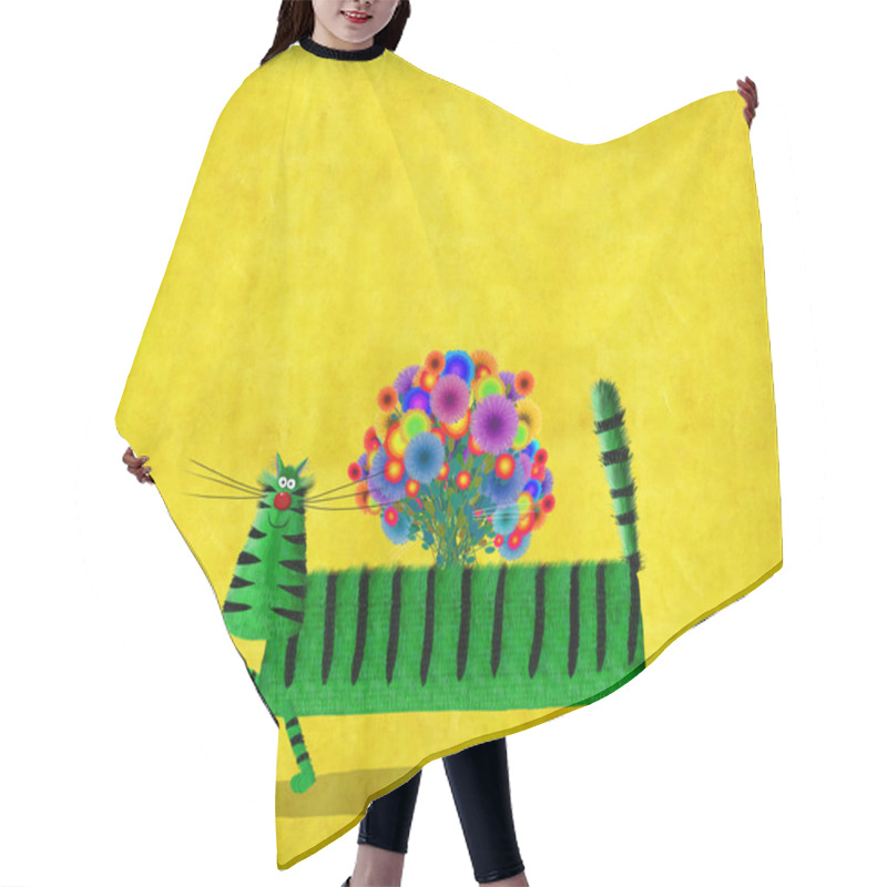 Personality  Long Green Cat Caring Bunch Of Flowers On Its Back Hair Cutting Cape