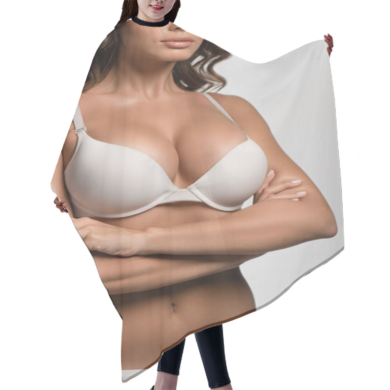 Personality  Partial View Of Sexy Girl With Big Breasts Standing With Crossed Arms Isolated On White Hair Cutting Cape