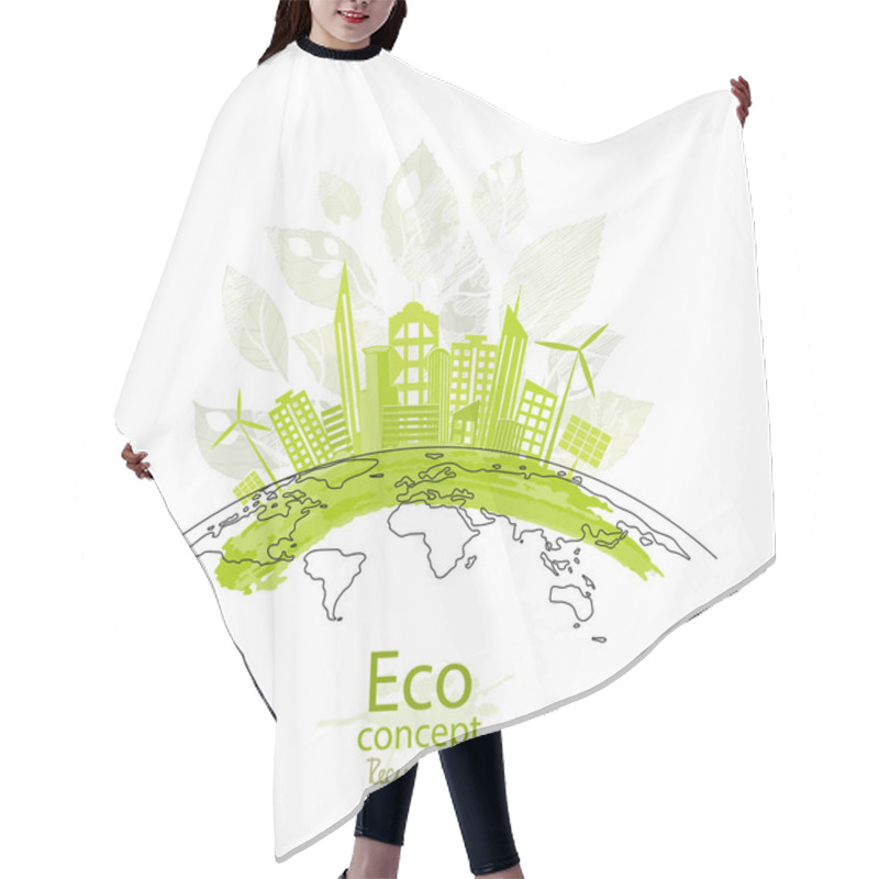 Personality  The City On The Globe. Ecology Concept. Environmentally Friendly World. Creative Drawing On Global Environment With Happy Family Stories. Info Graphics. Icon. Logo. Vector Illustration. Doodle. Hair Cutting Cape