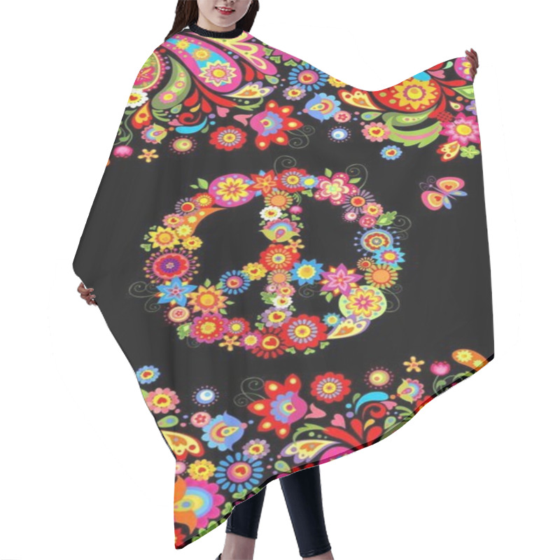 Personality  T Shirt Print On Black Background With Vivid Floral Decorative Seamless Border And Hippie Peace Flowers Symbol Hair Cutting Cape