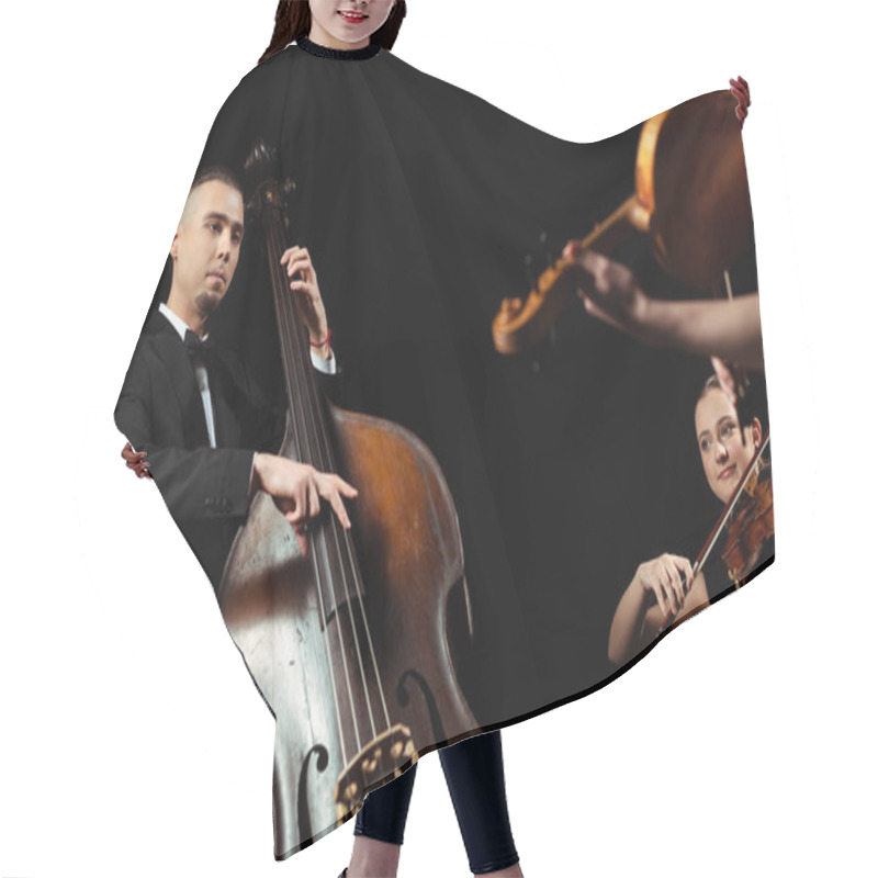 Personality  Professional Musicians Playing On Double Bass And Violins Isolated On Black Hair Cutting Cape