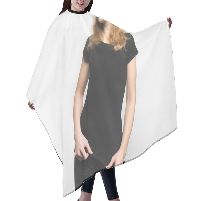 Personality  Cropped Shot Of Young Woman In Blank Black T-shirt On White Hair Cutting Cape