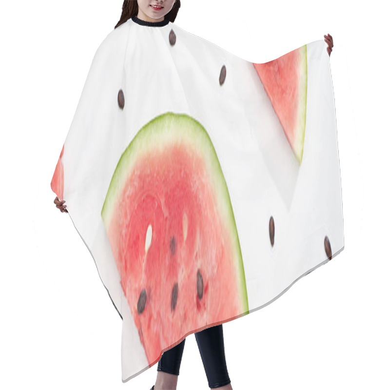 Personality  Panoramic Shot Of Delicious Watermelon Slices On White Background Hair Cutting Cape