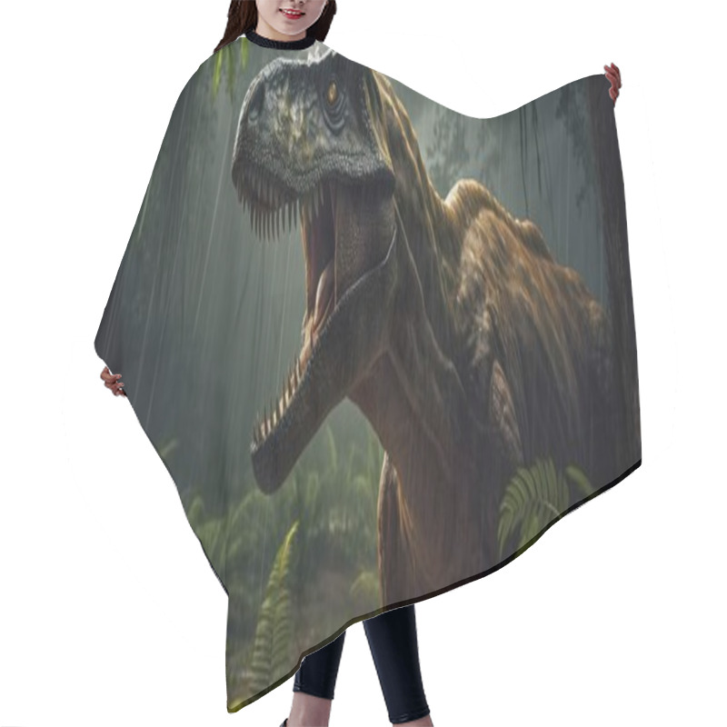 Personality  Tyrannosaurus Or T-Rex Staring Out From The Jungle Burst With Cinemeatic Light Hair Cutting Cape