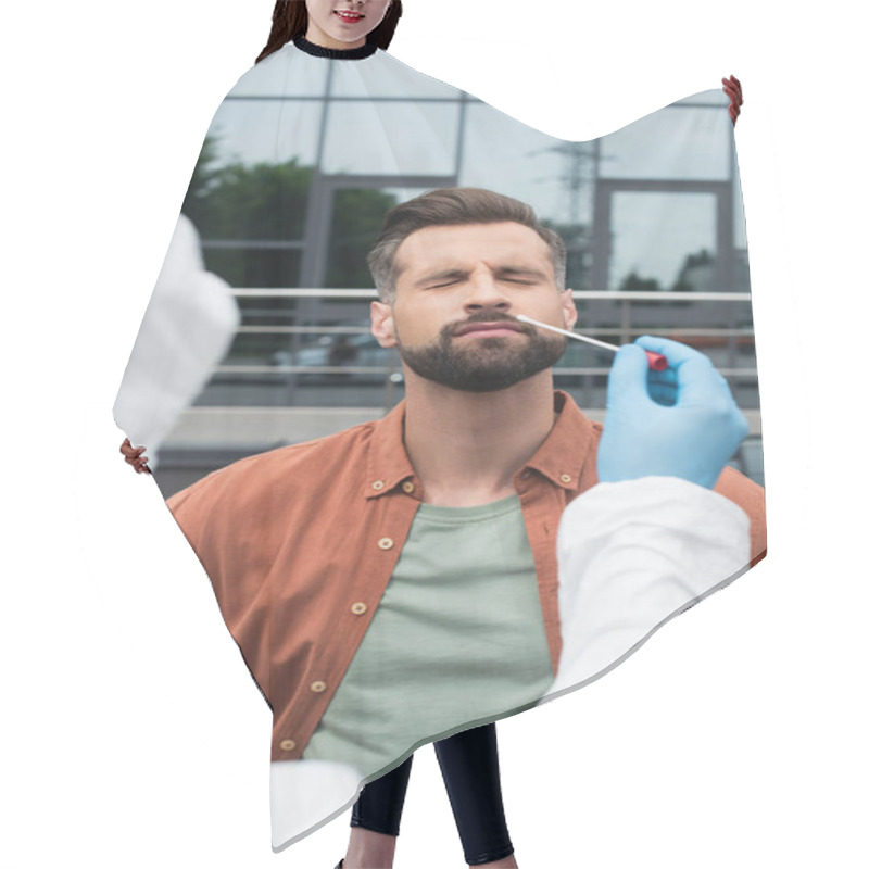 Personality  Man With Closed Eyes Standing Near Medical Worker With Pcr Test Outdoors  Hair Cutting Cape