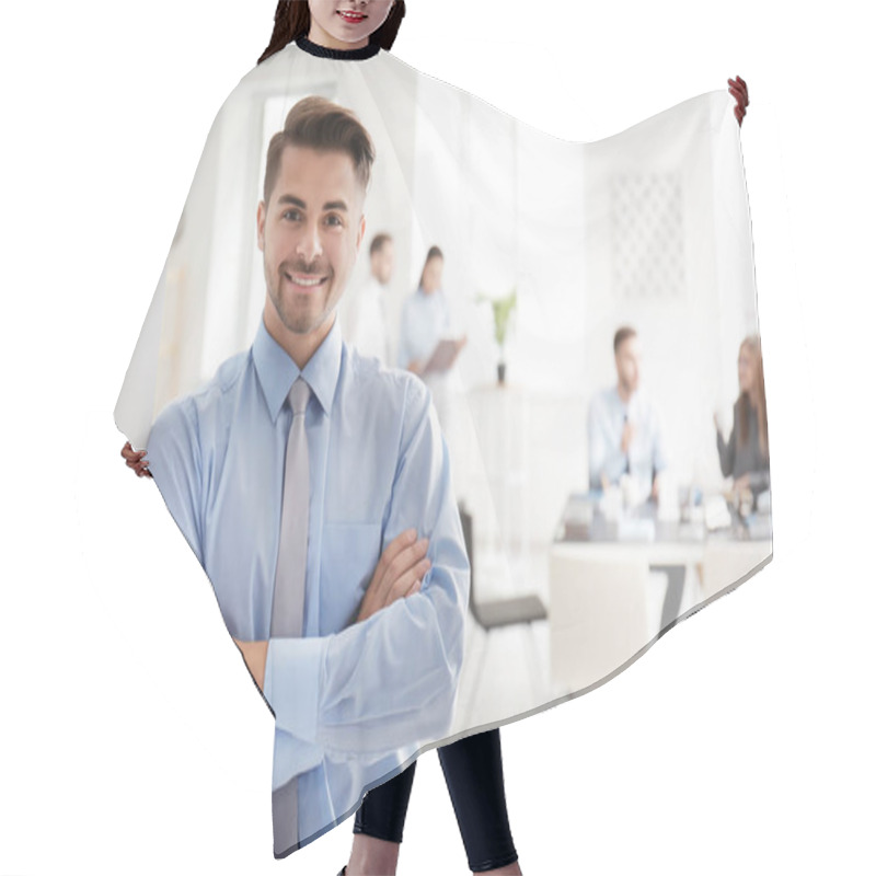 Personality  Young Handsome Man In Office Hair Cutting Cape