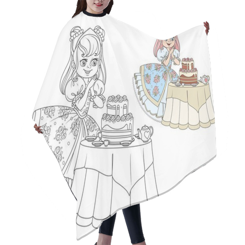 Personality  Beautiful Princess Near The Table Laid For Tea Drinking With A Big Delicious Cake Color And Outlined For Coloring Book Isolated On White Background Hair Cutting Cape