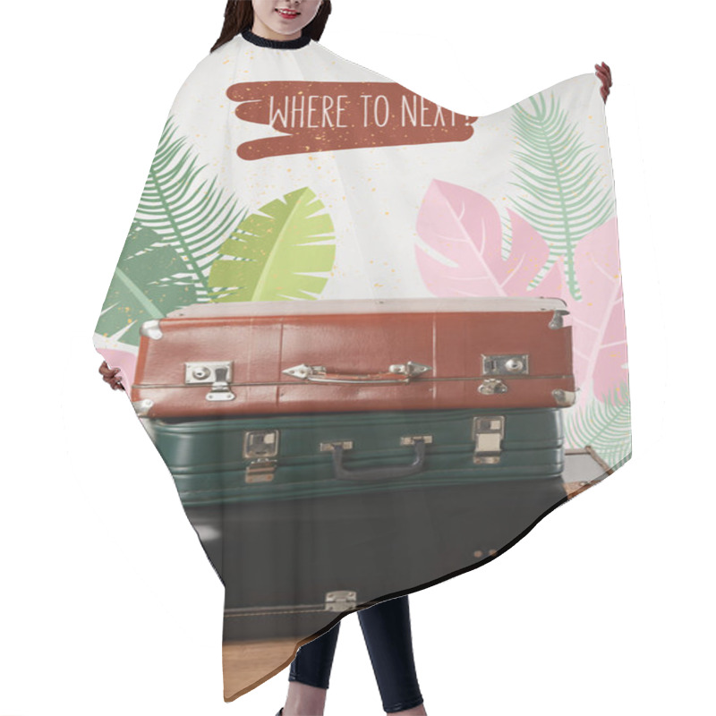 Personality  Stacked Old Leather Travel Bags With Palm Leaves Illustration Hair Cutting Cape