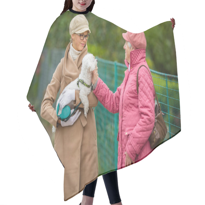 Personality  Senior Woman Walking Her Little Dog On A City Street Hair Cutting Cape