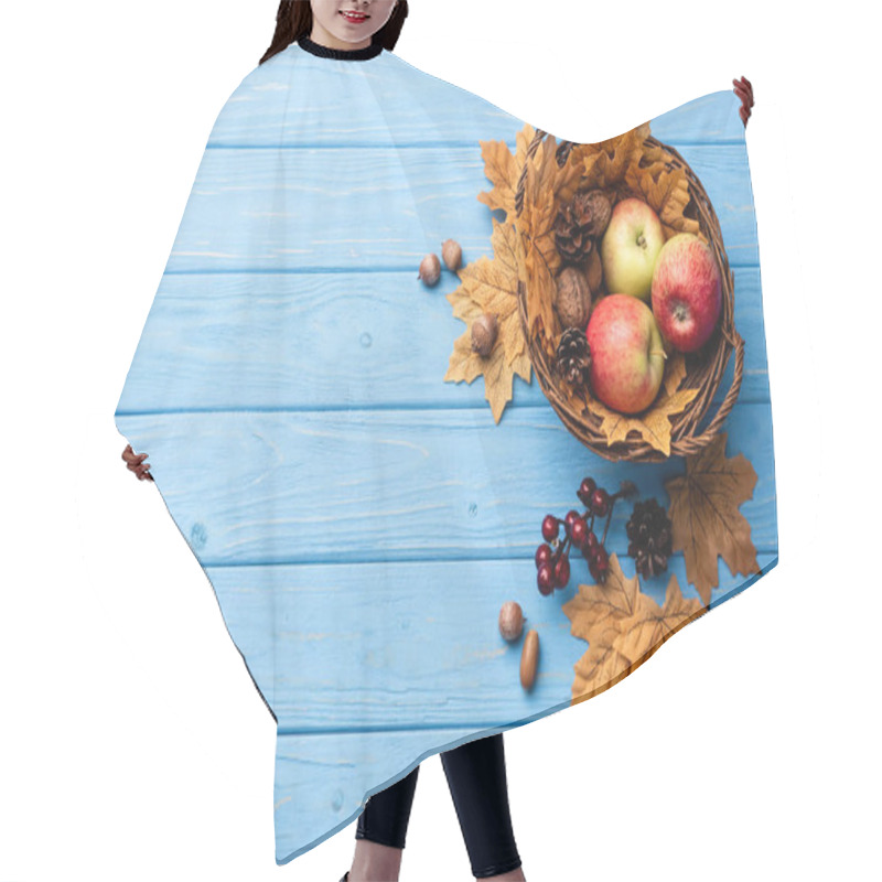 Personality  Top View Of Autumnal Wicker Basket With Apples, Nuts And Cones On Blue Wooden Background Hair Cutting Cape