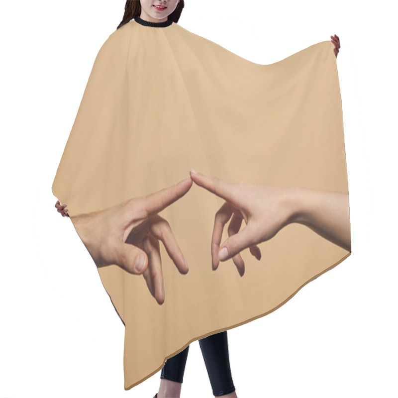 Personality  Cropped View Of Man And Woman Touching With Fingers Isolated On Beige Hair Cutting Cape