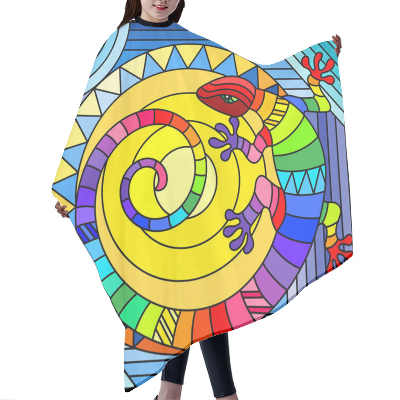 Personality  Illustration In Stained Glass Style With Abstract Rainbow Lizard On Blue Background Hair Cutting Cape