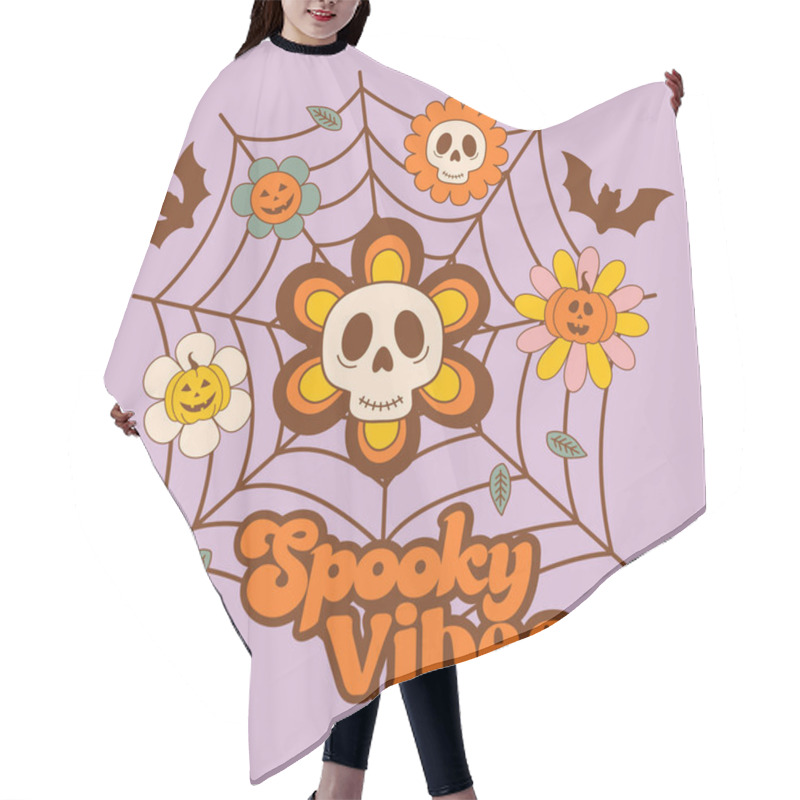 Personality  Halloween Poster With Spiderweb, Skull, Flowers Hair Cutting Cape