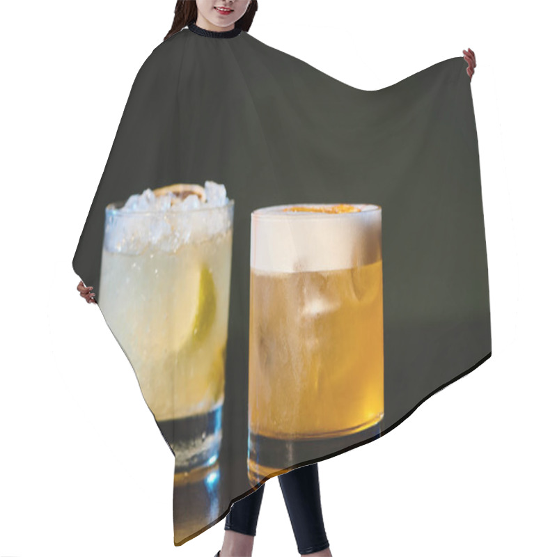 Personality  Sophisticated Whiskey Sour And Exotic Caipirinha On Black Background, Object Photo, Concept Hair Cutting Cape