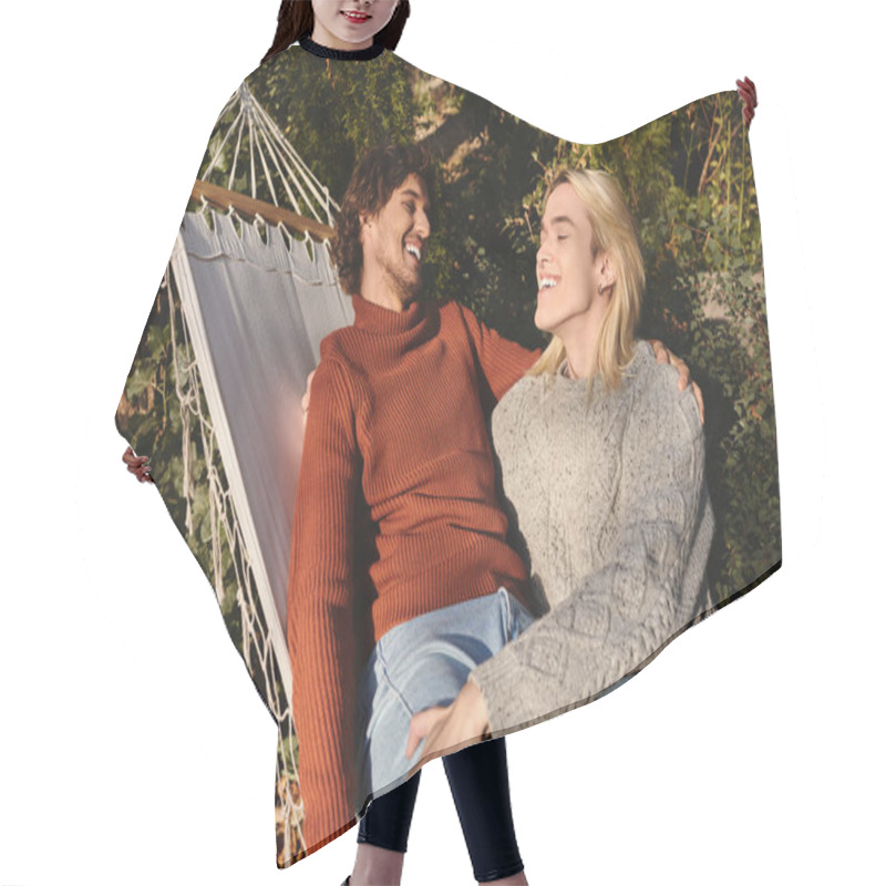 Personality  In A Peaceful Garden, Two Young Men Share Laughter While Relaxing On A Hammock. Surrounded By Lush Greenery, Their Genuine Smiles Reflect A Deep Connection And Happiness In Each Others Presence. Hair Cutting Cape