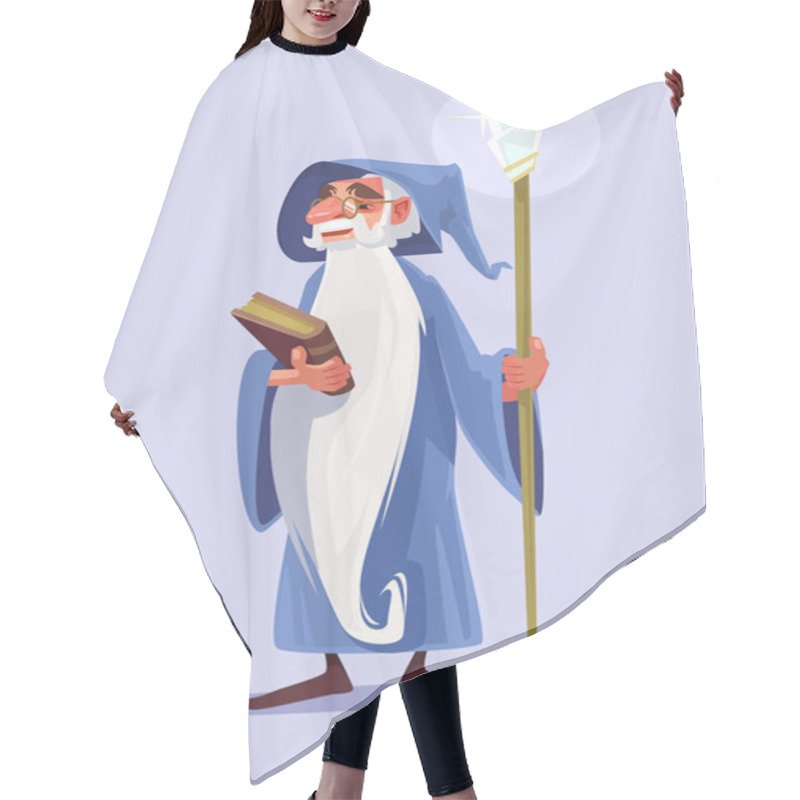 Personality  Happy Smiling Old Magician Character With White Beard Hold Magic Book. Vector Flat Cartoon Illustration Hair Cutting Cape