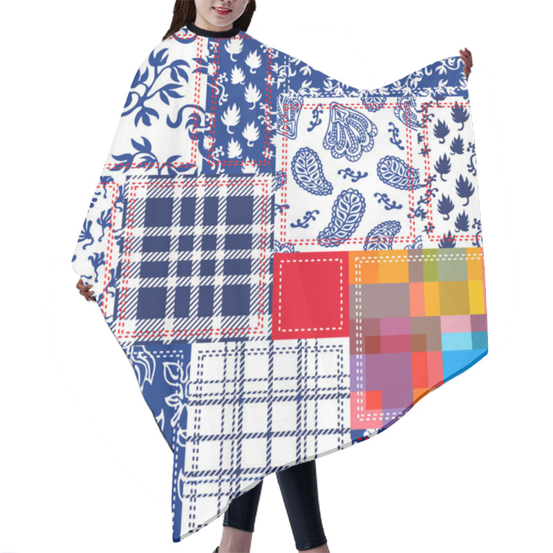 Personality  Blue, White, Red Patchwork With Seamless Paisley Pattern. Hair Cutting Cape