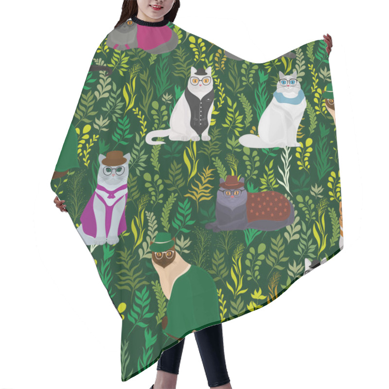 Personality  Seamless Vector Pattern With Dressed Cats In Glasses And Plants On A Dark Green Background Hair Cutting Cape