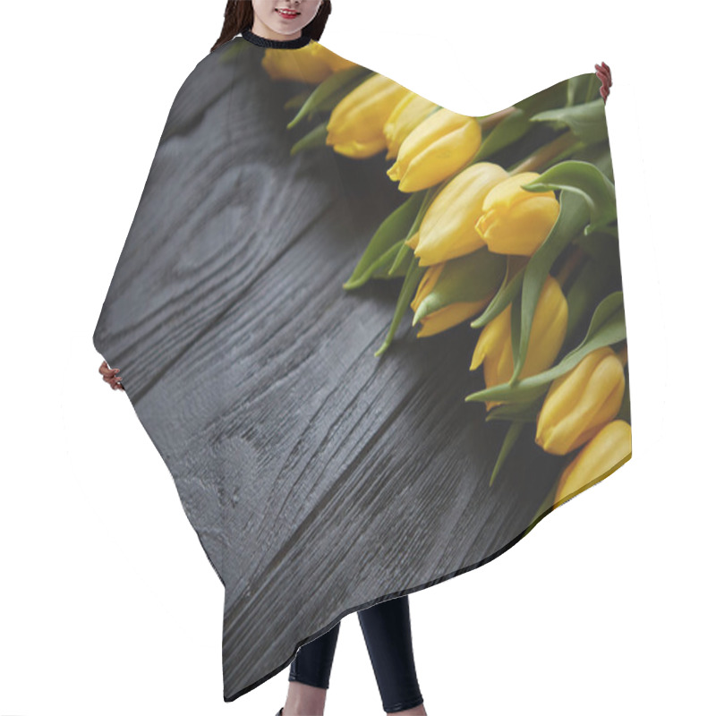 Personality  Composition Of Fresh Yellow Tulips Placed In Row On Black Rustic Wooden Table Hair Cutting Cape