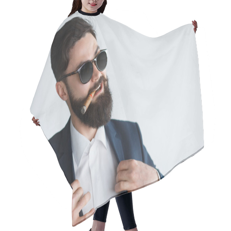 Personality  Arrogant Rich Bearded Man In Sunglasses Hair Cutting Cape