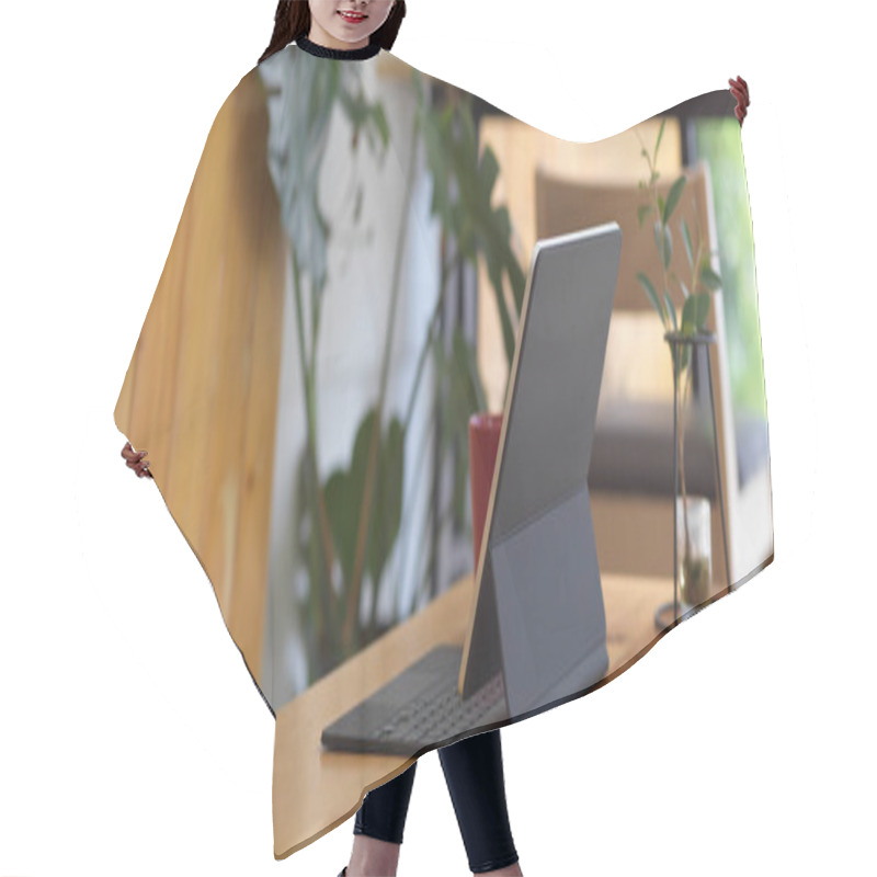 Personality  Cropped Shot Of Wooden Table With Digital Tablet With Keyboard, Plant Vase And Copy Space In Cafe Hair Cutting Cape