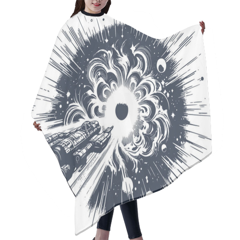 Personality  Spaceship Approaching Cosmic Explosion In Detailed Line Art Style Hair Cutting Cape