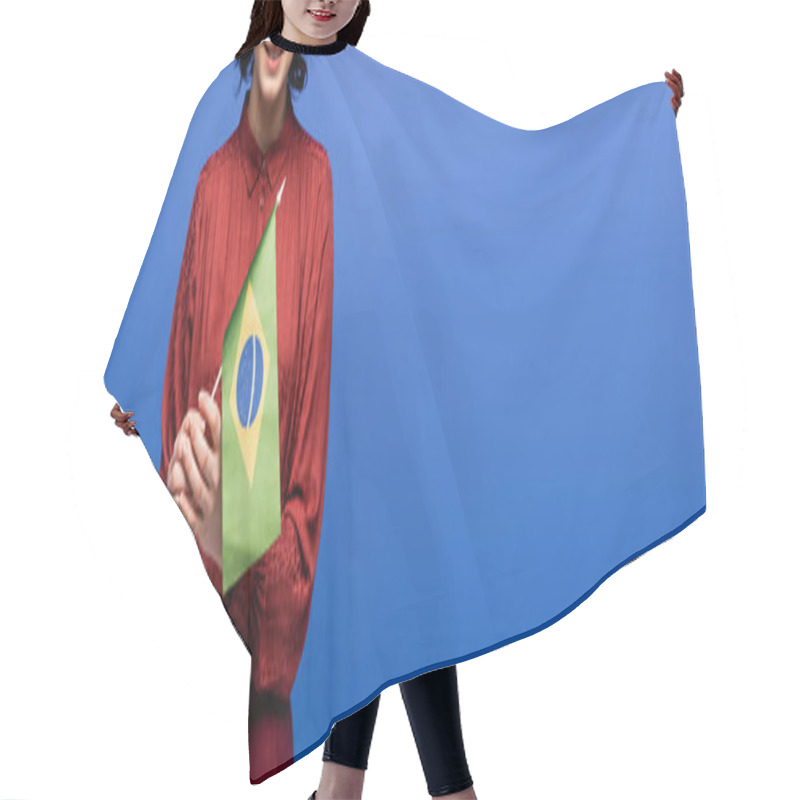 Personality  Cropped View Of Happy Language Teacher Smiling While Holding Flag Of Brazil Isolated On Blue, Banner  Hair Cutting Cape