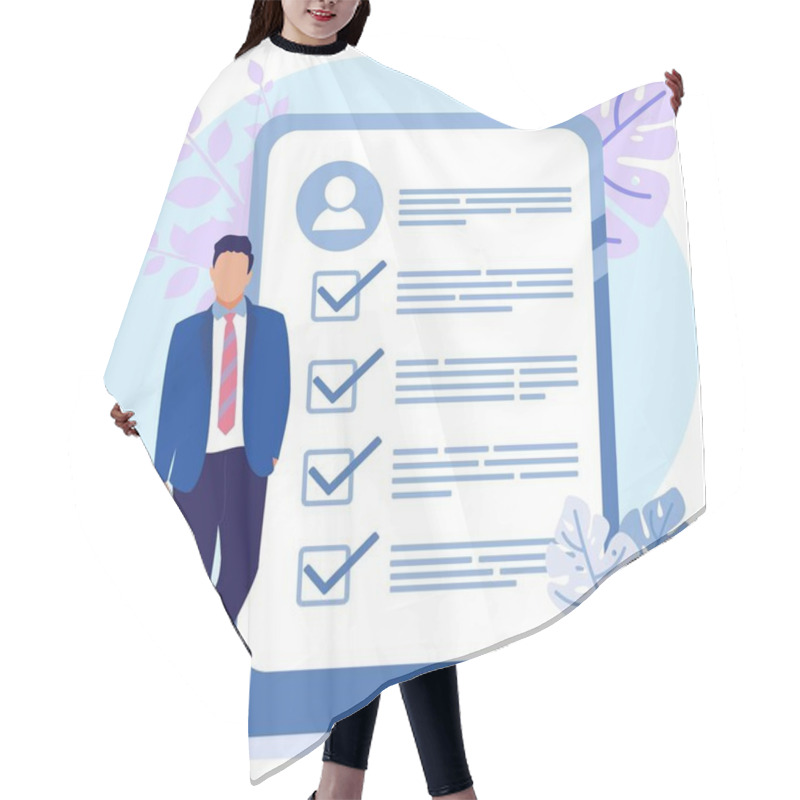 Personality  Vector Illustration Of A Business Concept. Job Interview. Employee Evaluations, Appraisal Forms And Reports, Performance Review Concepts. Hair Cutting Cape