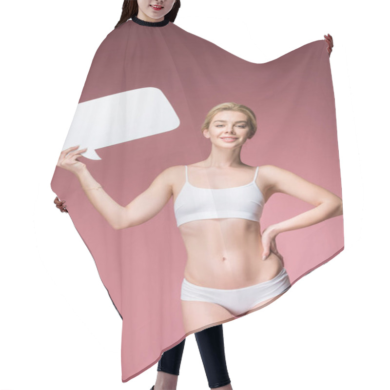 Personality  Happy Woman In White Underwear Posing With Speech Bubble, Isolated On Pink Hair Cutting Cape