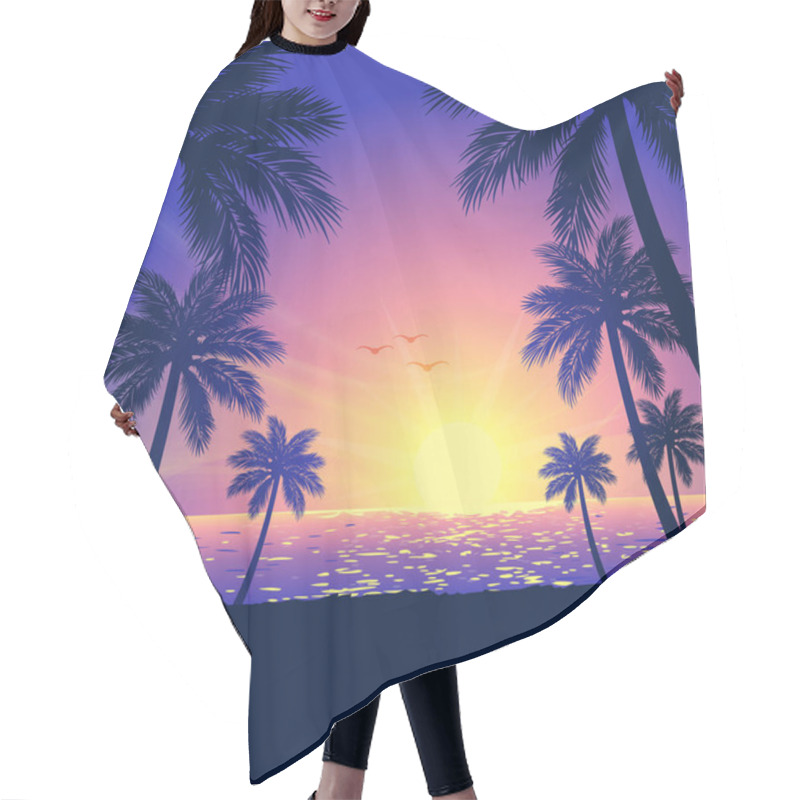 Personality  Warm Tropical Beach Purple Pink Orange Sunset Background With Palm Trees In Foreground Vector Hair Cutting Cape