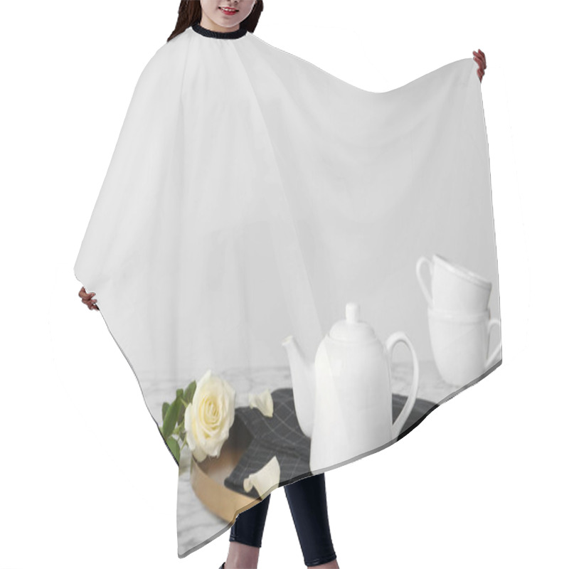 Personality  Tray With Teapot And Rose On Table Against Light Background Hair Cutting Cape