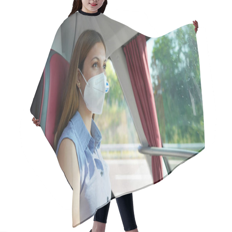 Personality  Panoramic Banner Of Young Woman With KN95 FFP2 Protective Face Mask Looking Through Bus Window During Her Journey Hair Cutting Cape