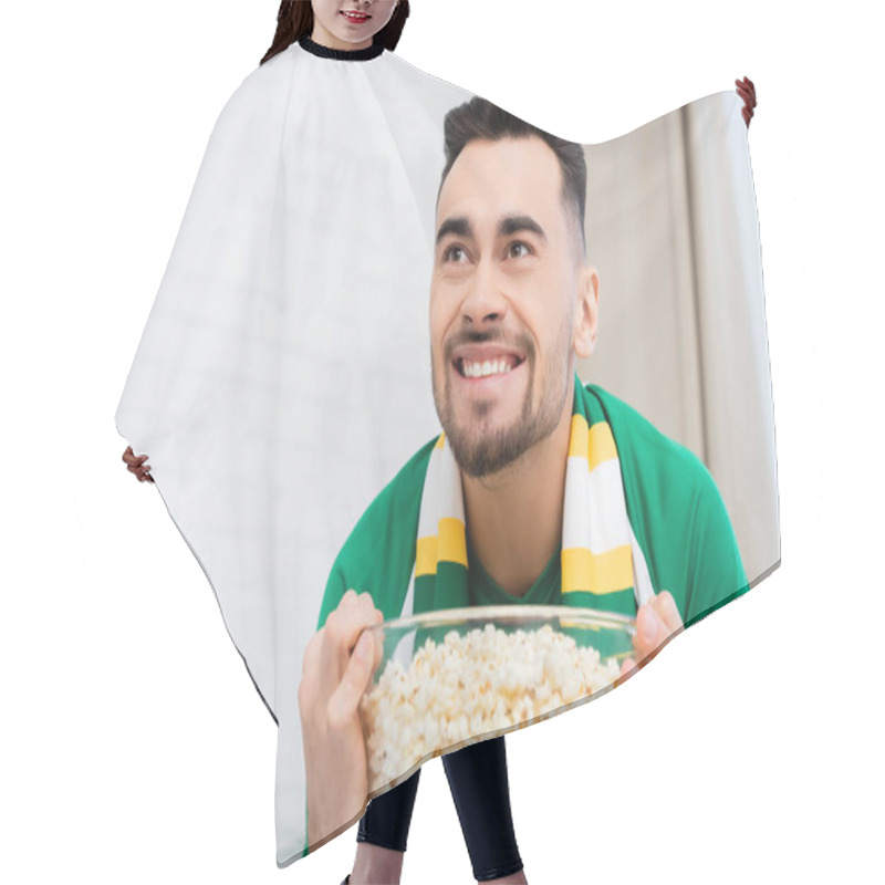 Personality  Thrilled Sports Fan Holding Bowl Of Popcorn While Watching Championship At Home Hair Cutting Cape