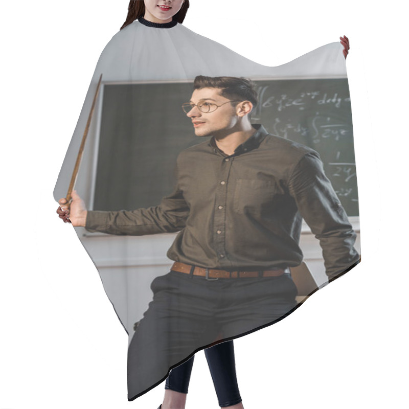 Personality  Male Teacher In Formal Wear And Glasses Holding Wooden Pointer And Explaining Equations In Class Hair Cutting Cape