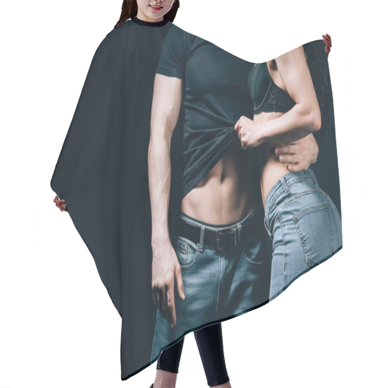 Personality  Partial View Of Couple In Denim Kissing And Undressing Isolated On Black  Hair Cutting Cape