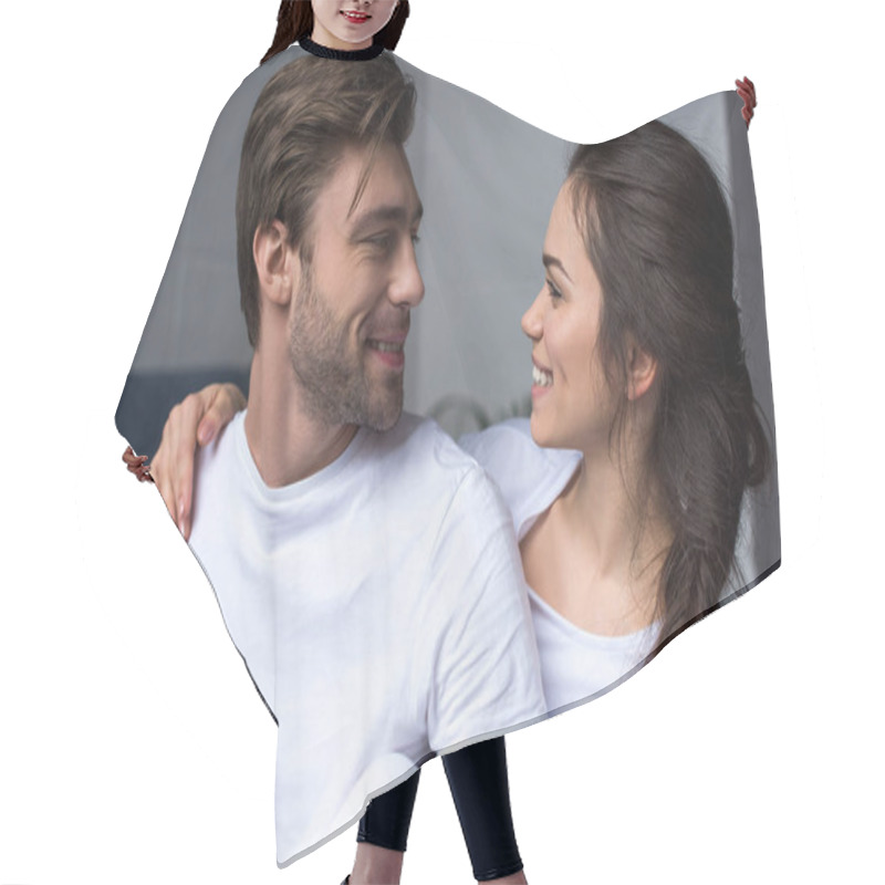 Personality  Young Attractive Couple Hugging While Sitting On Bed Hair Cutting Cape