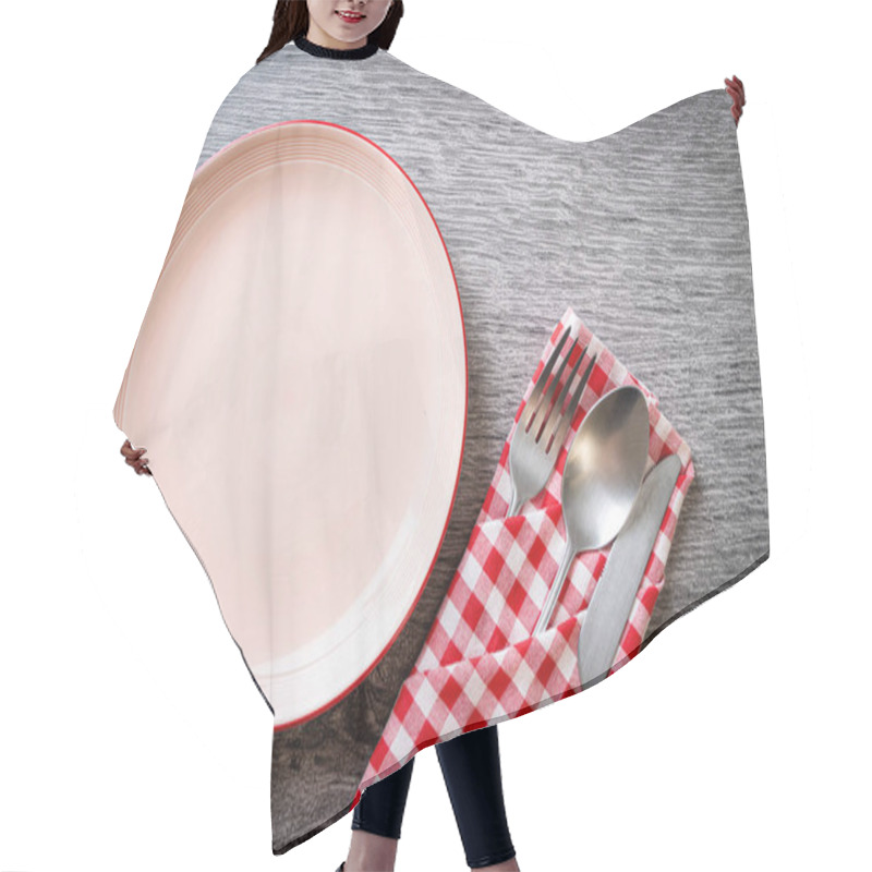 Personality  Empty Plate Or Dish With Knife, Fork And Spoon On Wood Tile Background Hair Cutting Cape