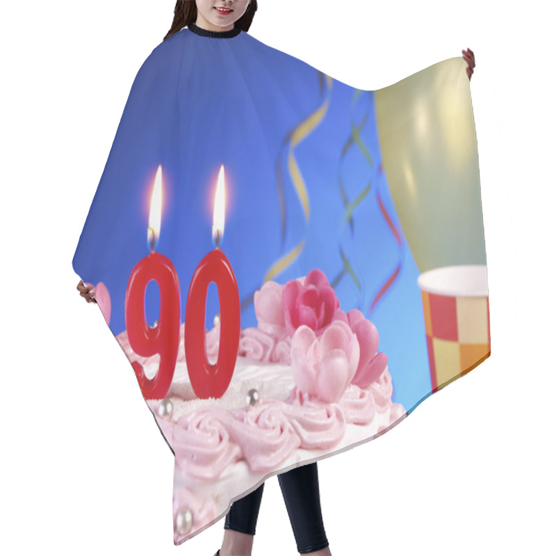 Personality  Birthday Cake With Red Candles Showing Nr. 90 Hair Cutting Cape