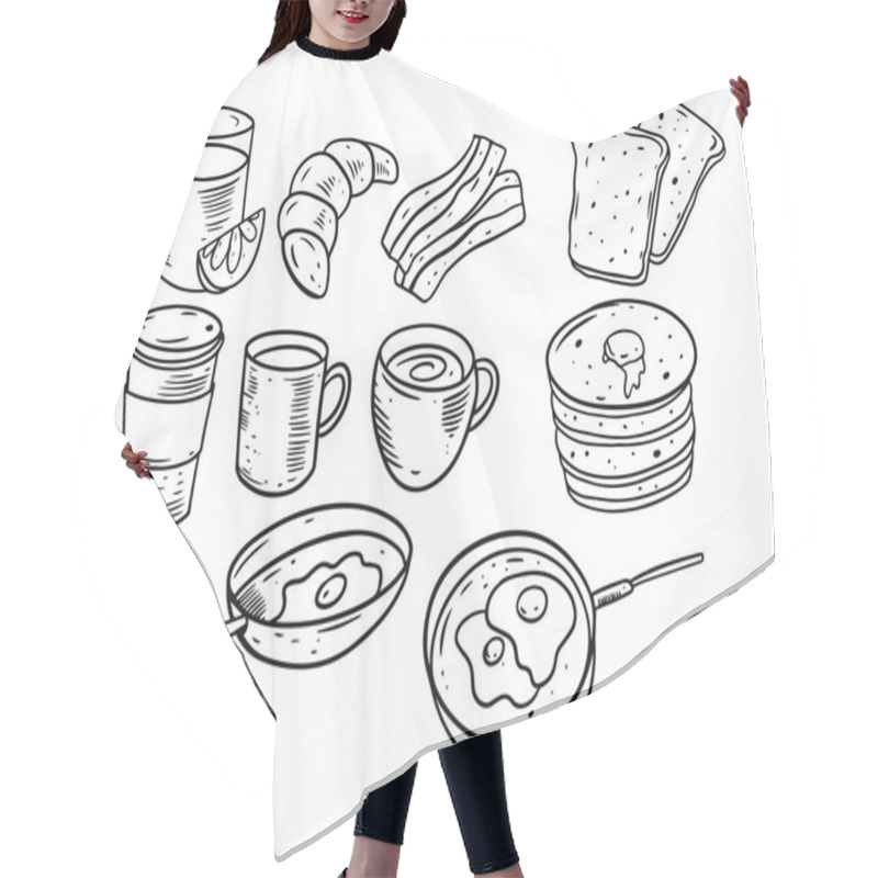 Personality  Breakfast Products Set. Hand Drawing Sketch Vector Illustration. Hair Cutting Cape