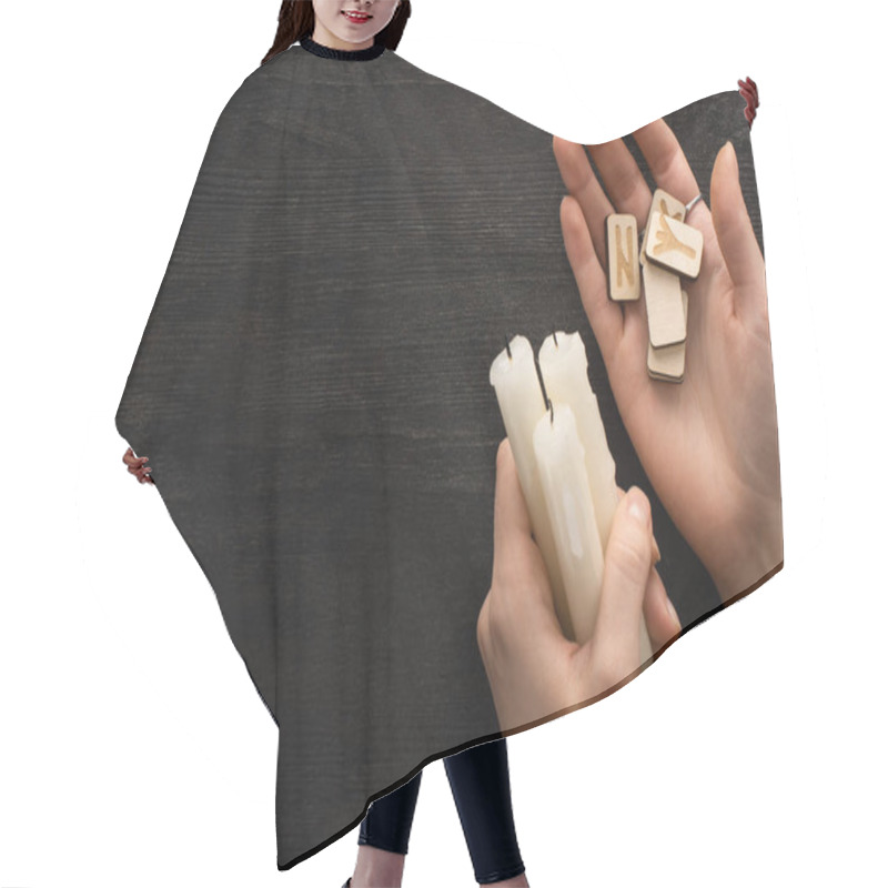 Personality  Top View Of Shaman Holding Runes Ans Candles Near Dark Wooden Background Hair Cutting Cape