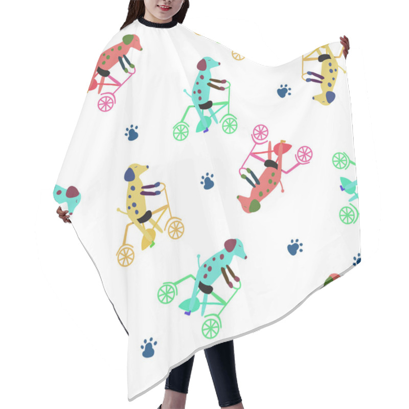 Personality  Childrens Seamless Pattern With Funny Dogs On The Bicycle. Hair Cutting Cape