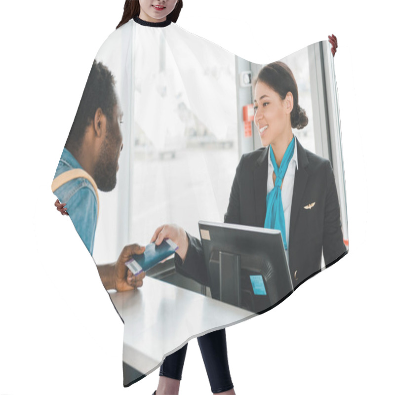 Personality  Smiling African American Airport Worker Giving Passport And Air Ticket To Tourist Hair Cutting Cape